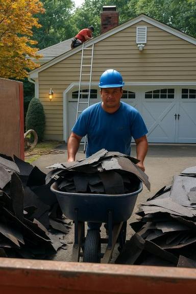 roofers gutting a roof and throwing away material